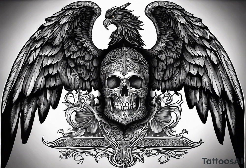 This is a back piece tattoo. Realistic tattoo. The big thing is 2 big wings of archangel Micheal. The meaning of the tattoo is dark about life or death. archangel micheal always protects me from evil things of war. incrustate dark things as skulls. death thing. tattoo ie dark black and white. you can add church stuff. but i want the tattoo to be dark. it represents memento mori. put a big cross of church tattoo idea