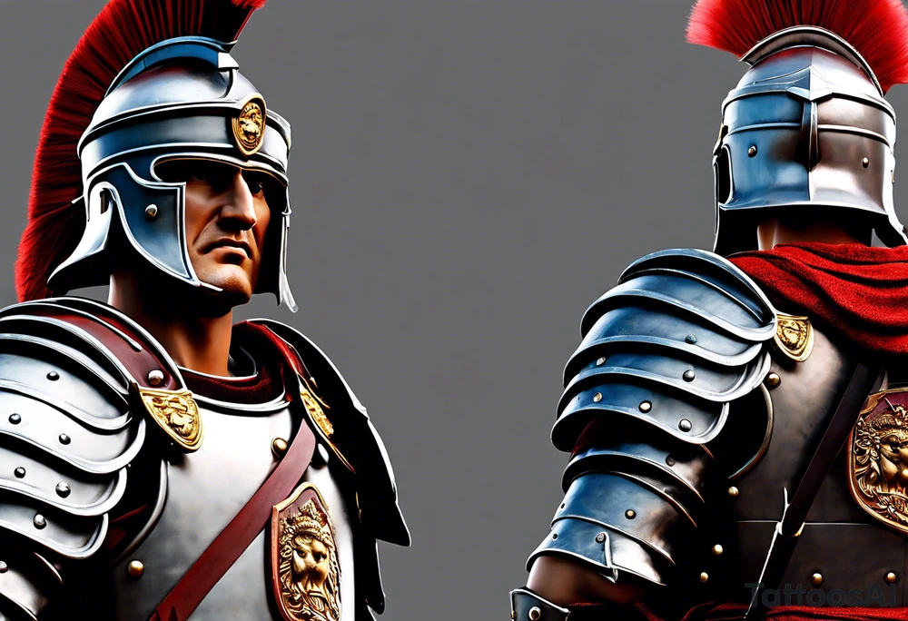 a high ranking roman centurion, soldier, AD 60, wearing armour which must include an armoured belt, breastplate, armoured shoes, shield, helmet and sword. the soldier is strong, tall, large, fit, muscular. the soldier is faceless. We can see the full body of the centurion, from his shoes to his helmet. The soldier is mid-battle, fending off flaming arrows with his shield, advancing towards the enemy, attacking the enemy. attacking pose. The image should be extremely detailed. Need to see the full soldier. tattoo idea