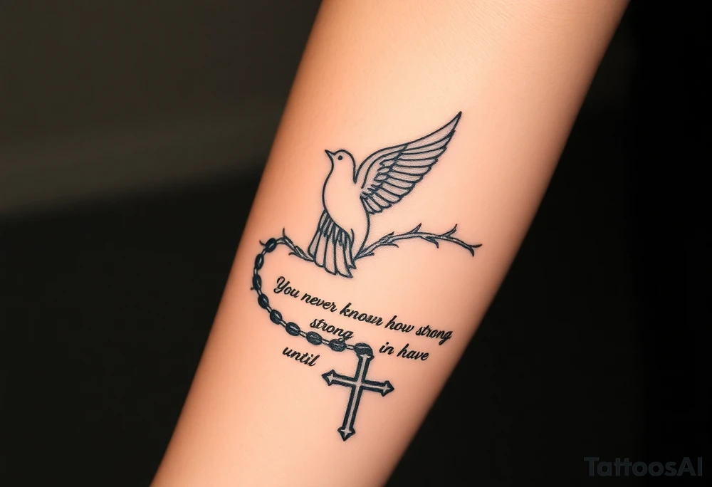i have a front arm tat with a small dove at the front of the above the wrist and thorns covering through the wrist like a bracelet and prayer beads all throughout the words that say you never know how strong you are until being strong is the only choice you have and a cross on the side of the dove and theres also a dove rat the baxck of thee arm right near the elbow a bigger dove and theres a biggert cross right by that dover too make a tatoo of that and the cross isnt normal its super unique looking and has that cool look too it and detailed tattoo idea