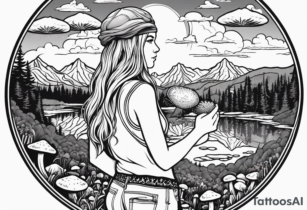 Whole picture encircled fully

Straight long blonde hair hippie girl in distance holding mushrooms in hand facing away toward mountains and creek surrounded by mushrooms tee shirt and hiking pants; whole rendering within a full circle, no cut off circle tattoo idea