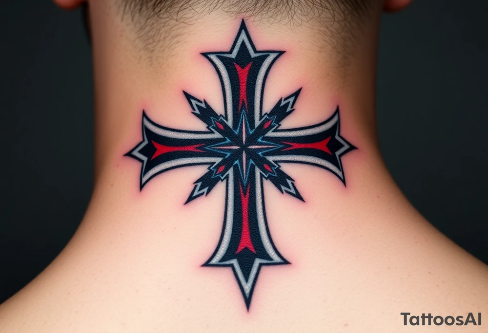 A bold black and red Maltese cross with silver outlines, tattoo idea