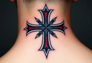 A bold black and red Maltese cross with silver outlines, tattoo idea