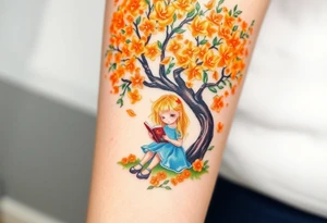 An orange tree full of flowers, a little blond girl wearing a blue dress sitting under it while reading. 


. tattoo idea