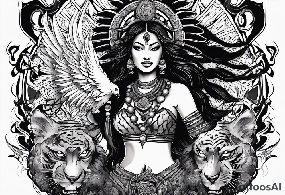 black kali, goddess pirate, alien, angel, pachamama, valkrye, warrior, flying, skull, lotus azul, wing, eagle, zenza resonance, stars, 5D, anahata chakra, death, durga, riding on a tiger, flying lady, kundalini, chest tatoo, rebel tattoo idea