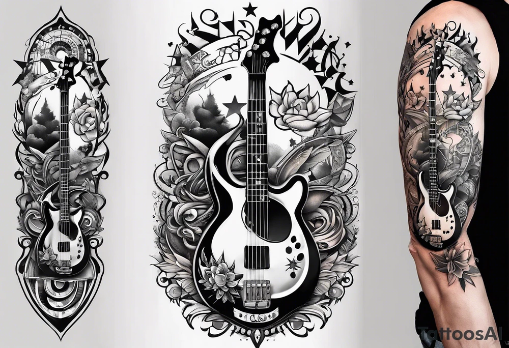 Tattoo full left arm with a collage of a bass guitar, mickey mouse symbol, a medicine caduceus, two stars tattoo idea