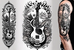 Tattoo full left arm with a collage of a bass guitar, mickey mouse symbol, a medicine caduceus, two stars tattoo idea
