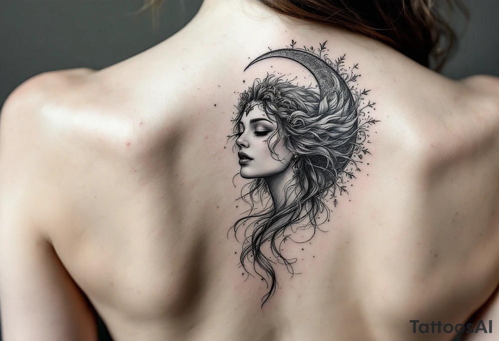 A hyper-realistic depiction of a divine figure like Aphrodite or a moon goddess. smaller and sick tattoo idea