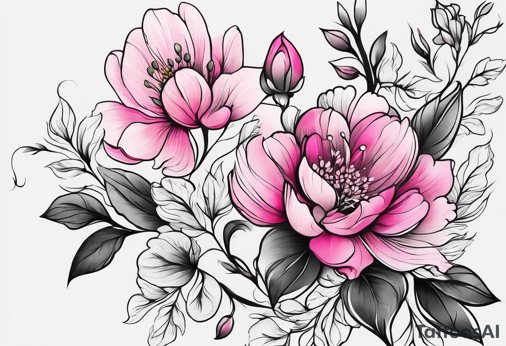 Upper arm sleeve pink flowers tattoo idea