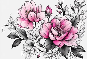 Upper arm sleeve pink flowers tattoo idea