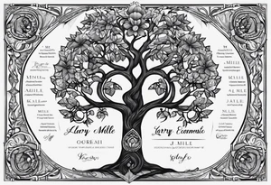 A family tree with the names Larry , J'Mille , Orenzo , Kameron , Kaleb Chance, K'Mia London , Brooklyn , Jayla , Violet tattoo idea