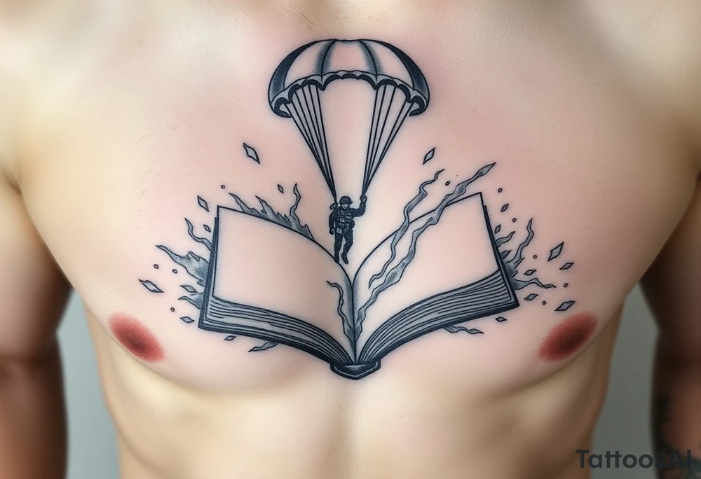 A parachuting soldier landing into an open book. Chaos surrounding, but the book is protecting the soldier from it. On the chest. Make the tattoo smaller. Make it thought provoking. Make the chaos in the environment be an eerie mist. Make the pages in the book be blank. Just one soldier, no other characters. the book is old. tattoo idea