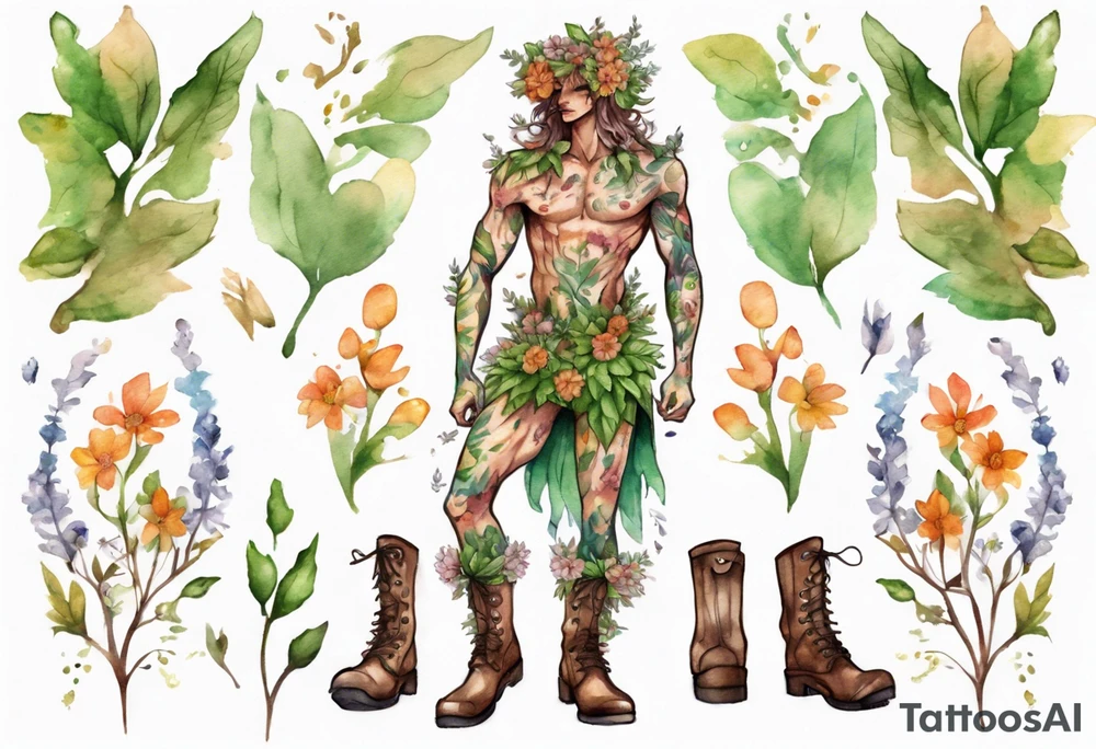 a male dryad covered in flowers wearing a leafy skirt and boots made from tree bark tattoo idea
