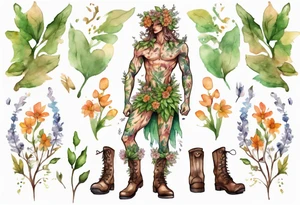 a male dryad covered in flowers wearing a leafy skirt and boots made from tree bark tattoo idea