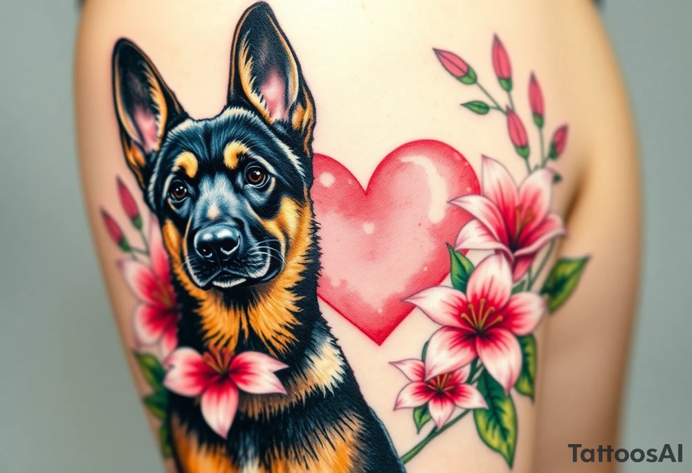 strong looking short haired german shepherd with alert ears surrounded by pink lilies with large leaves in front of a sacred heart tattoo idea