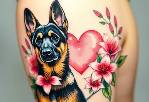 strong looking short haired german shepherd with alert ears surrounded by pink lilies with large leaves in front of a sacred heart tattoo idea