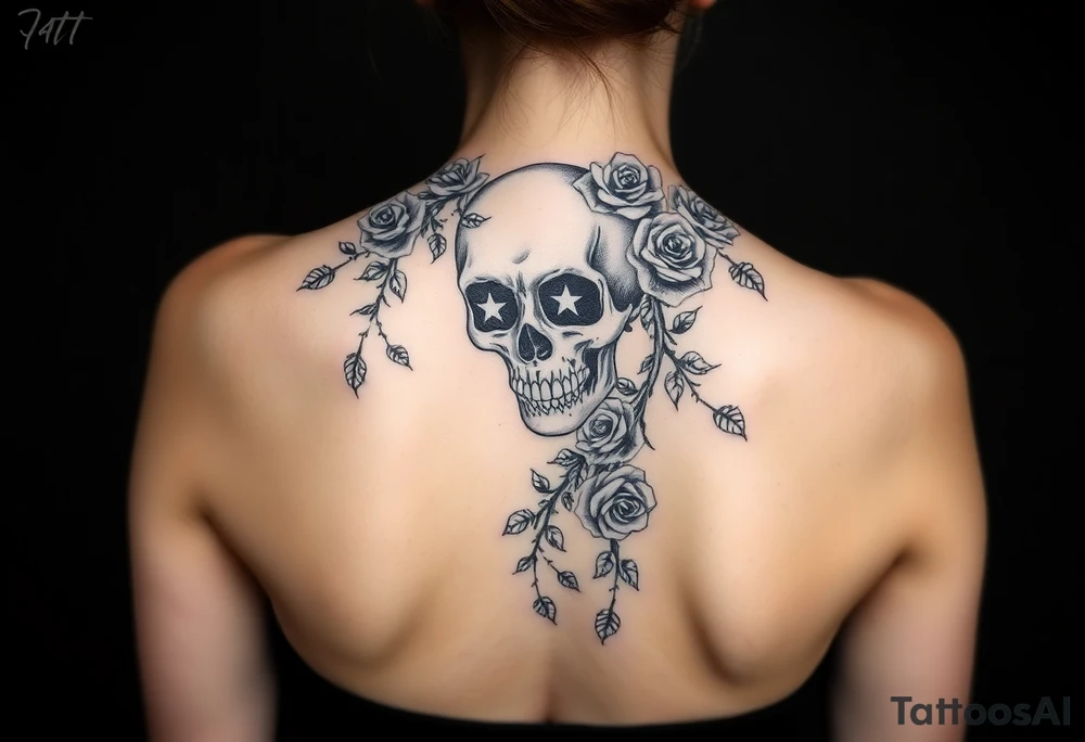 gothic skull intertwined with climbing roses and thorny vines tattoo idea