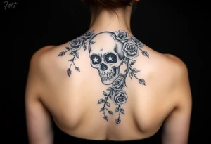 gothic skull intertwined with climbing roses and thorny vines tattoo idea