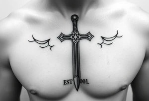 Russian inspired cross looking sword under nippleline with “EST 2001” below the belly button tattoo idea