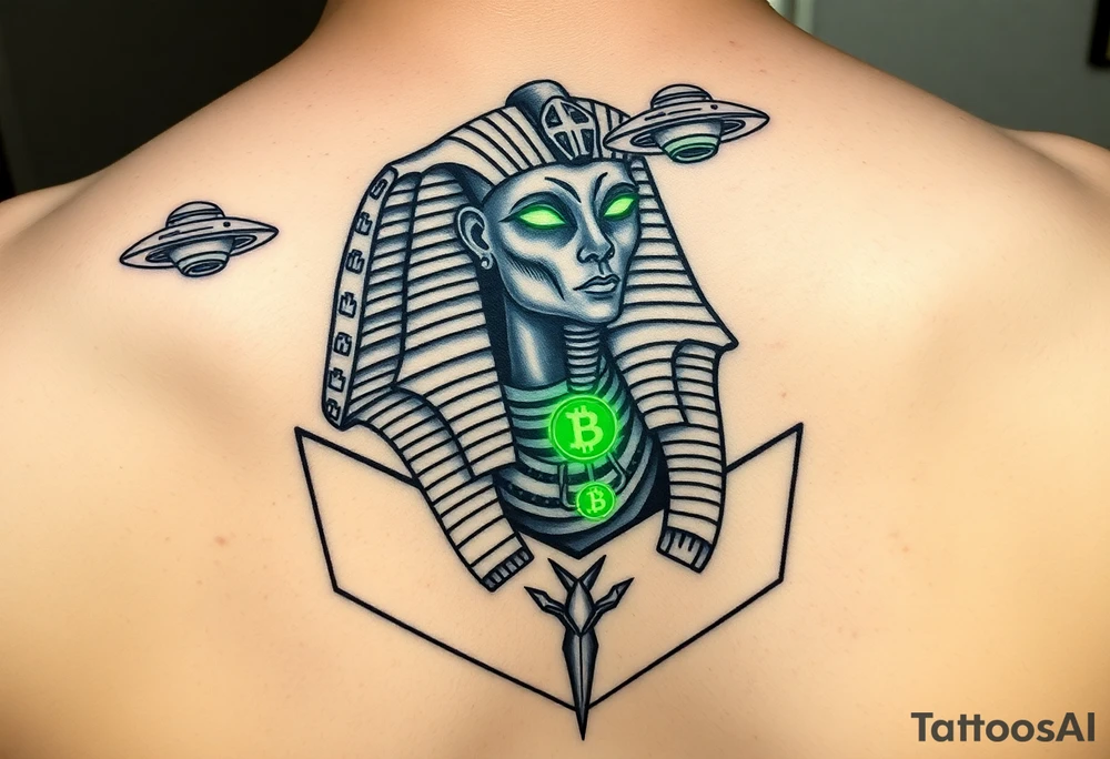 "Pharaoh's sarcophagus opening to reveal a grey alien. Instead of organs: glowing crypto wallets. Floating UFOs are shaped like Chevy Impalas (lowrider style).  

Style: Neo-traditional tattoo with glitch effects. Colors: turquoise/black/neon green." tattoo idea