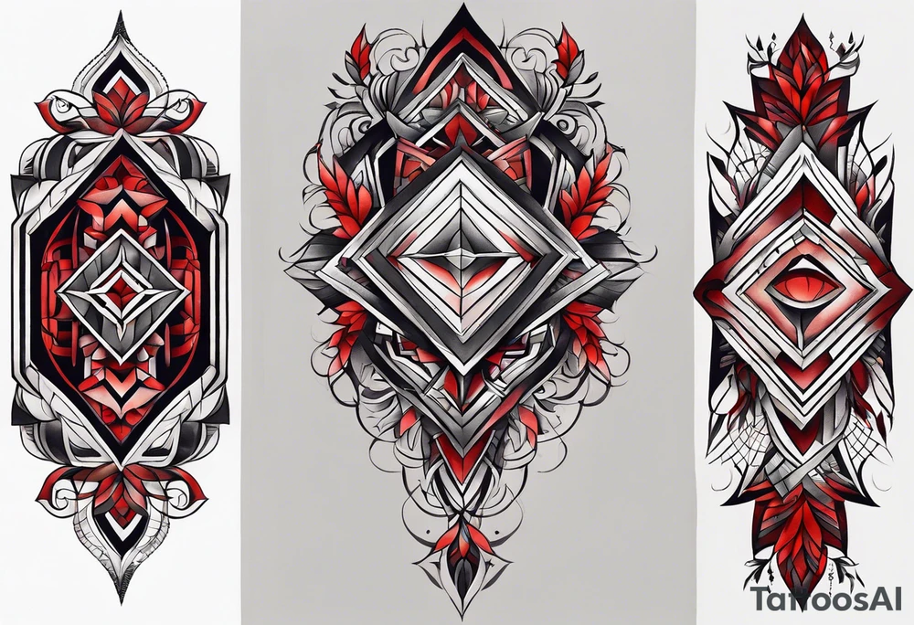 semi Detailed neo traditional knee tattoo on paper. The tattoo features geometric patterns and bold lines, creating a visually striking design with slight tints of deep red. tattoo idea