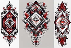 semi Detailed neo traditional knee tattoo on paper. The tattoo features geometric patterns and bold lines, creating a visually striking design with slight tints of deep red. tattoo idea