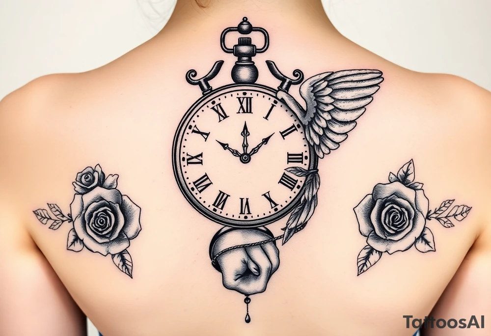 Clock, angel handcuffed, money, roses tattoo idea