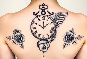 Clock, angel handcuffed, money, roses tattoo idea