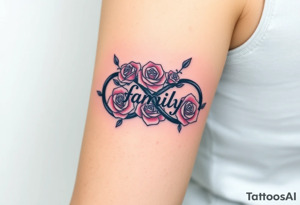 A infinity symbol made of delicate roses, with the word "family" carved into the petals tattoo idea