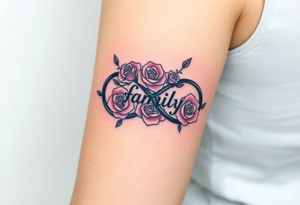 A infinity symbol made of delicate roses, with the word "family" carved into the petals tattoo idea