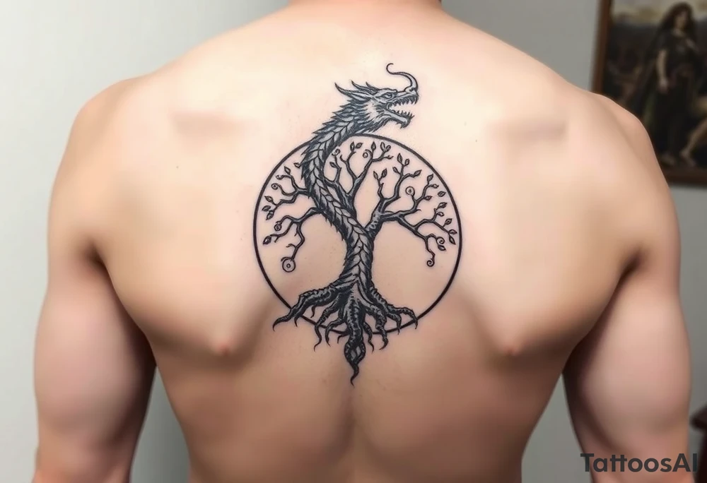 a dragon encircling the tree of life tattoo idea
