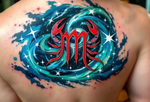 The Cancer zodiac sign in bold red sits at the heart of a swirling indigo and emerald star constellation. tattoo idea