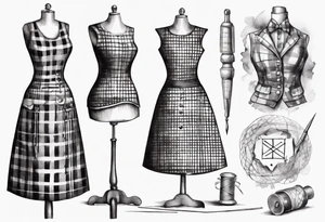 Tailor's mannequin in plaid woman's dress. Nearby a needle tracing two initials, plus a thimble. Dress Is composed by skirt and gilet. tattoo idea