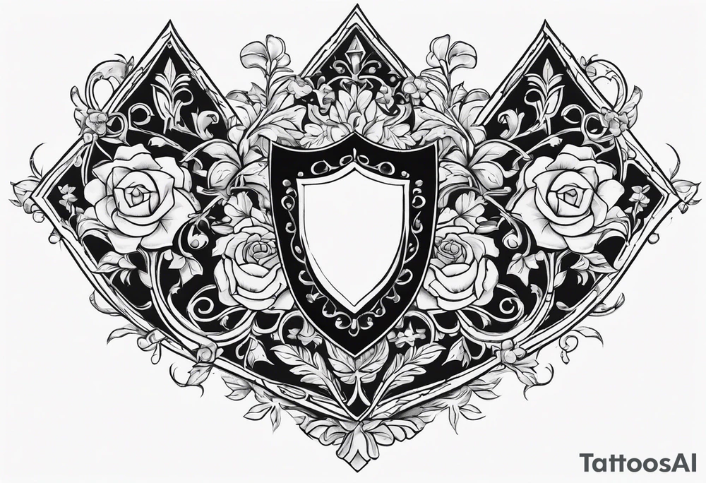 An Iron Shield endowed with diamond shaped gems along the trim, 3 different kinds of flowers create the crest, black vines with bright white thorns wrap and constrict the shield as a tattoo design tattoo idea