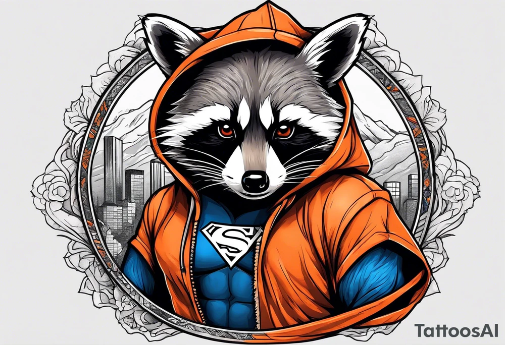 Raccoon wearing an orange Superman hoodie tattoo idea
