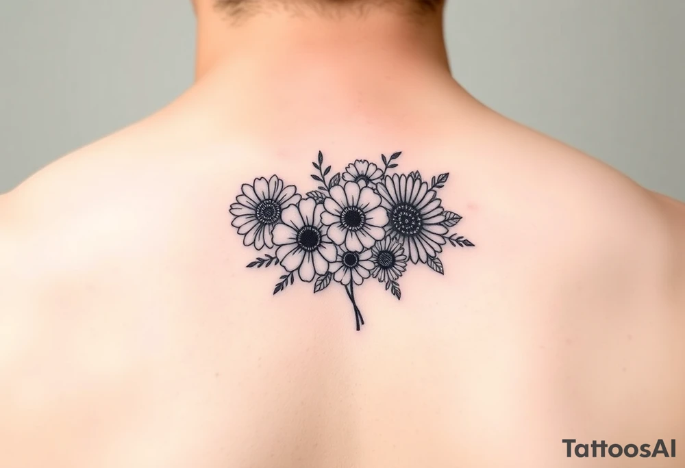 Small flower bouquet with order of flowers, daisy, cosmo, poppy, chrysanthemum, cosmo tattoo idea