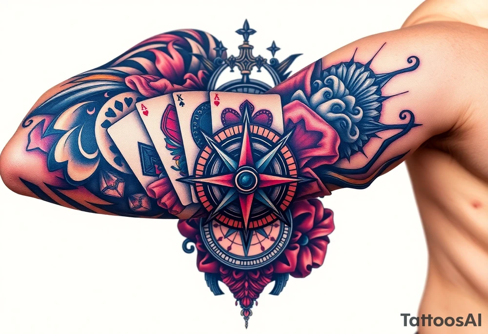 poker royal flush + compass + Family + Infinite love tattoo idea