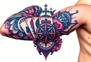 poker royal flush + compass + Family + Infinite love tattoo idea