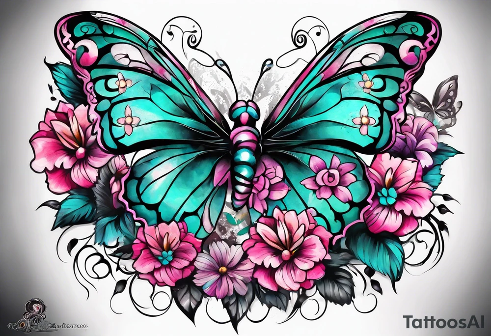 sugar skull butterflies pink and teal flowers tattoo idea
