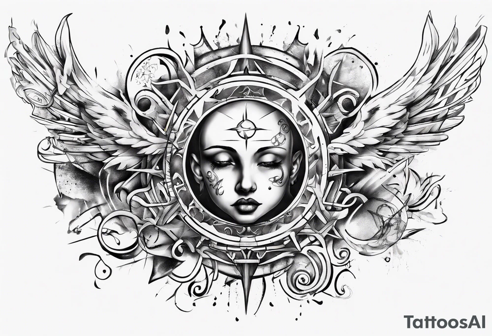 Chest tatoo abstraction with sun and letters and angels tattoo idea