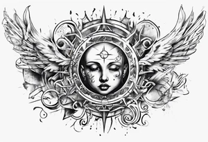 Chest tatoo abstraction with sun and letters and angels tattoo idea