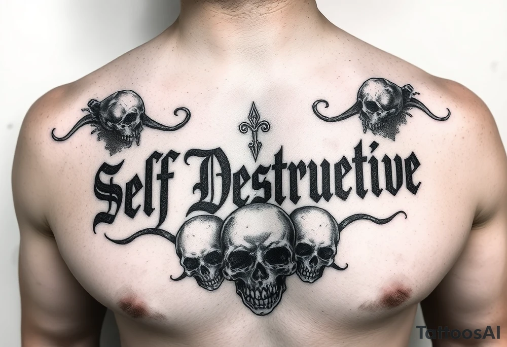 The words “Self Destructive” in a Chicano/Old English Font across the chest with negative shading and greywash skulls tattoo idea