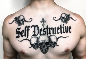 The words “Self Destructive” in a Chicano/Old English Font across the chest with negative shading and greywash skulls tattoo idea
