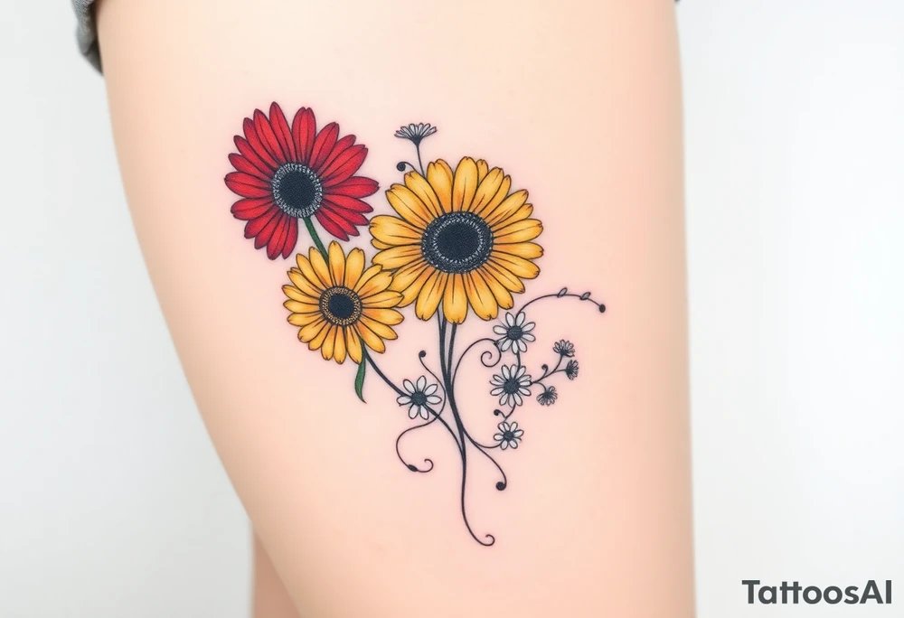 Fine line flower tattoo with three gerbera daisies (red, yellow, and orange) along with smaller white regular daisies and maybe other flowers or vines. Mix in a Celtic Serch Bythol symbol somehow and some fine line swirls, tendrils, or spirals as needed tattoo idea