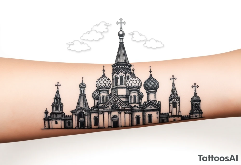 highly detailed Russian Orthodox cathedral with onion domes and orthodox crosses, done in fine line, engraving-like style. Cohesive composition, black ink only, no color, high contrast, slightly aged, documentary-style, plain light background. with clouds above it and a virgin mary over looking tattoo idea