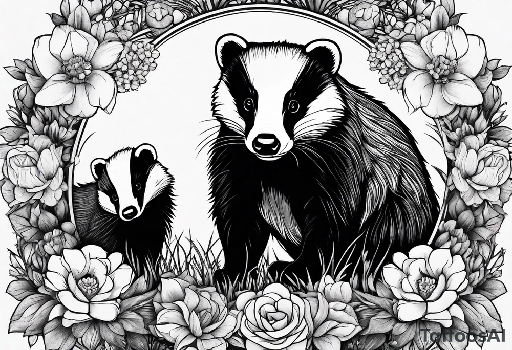 A badger with a cub in a field of flowers, realistic in center and getting more trippy towards the edges tattoo idea