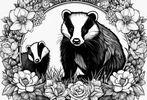 A badger with a cub in a field of flowers, realistic in center and getting more trippy towards the edges tattoo idea