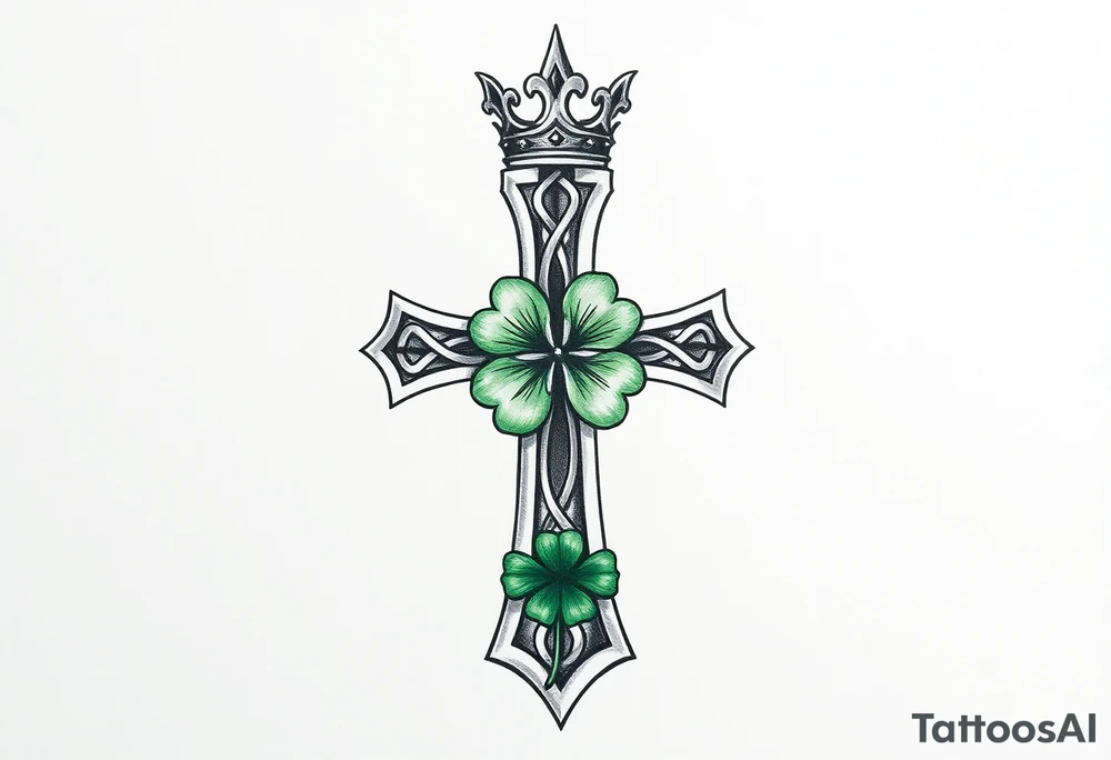 a small celtic cross with a crown and a green four leaf clover tattoo idea