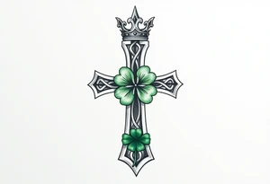 a small celtic cross with a crown and a green four leaf clover tattoo idea