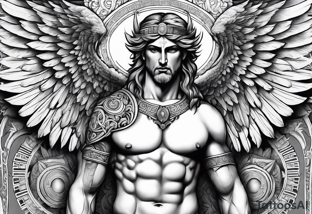 full chest tattoo with wings on shoulders with a greek god in the middle with shading tattoo idea