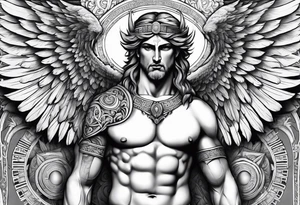 full chest tattoo with wings on shoulders with a greek god in the middle with shading tattoo idea